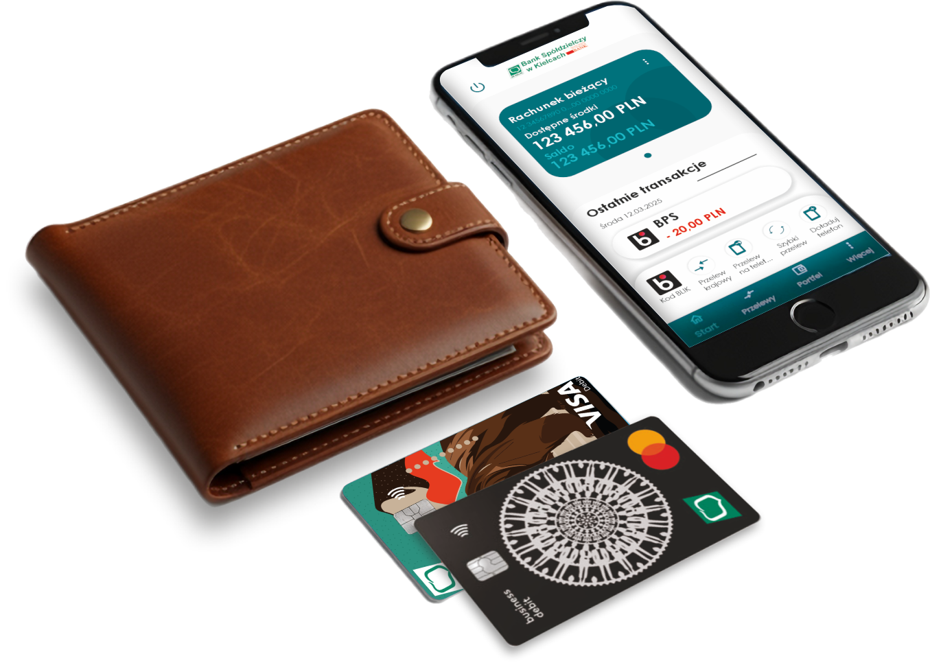 portfel, karty płątnicze i wizerunek smartfonu z aplikacją bankową